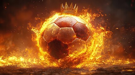Fototapeta premium Flaming soccer ball with a golden crown, symbolizing epic goals and football victory, ideal for championship banners.