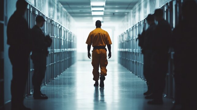 An inmate walking down a prison corridor, flanked by guards, isolated on a white background