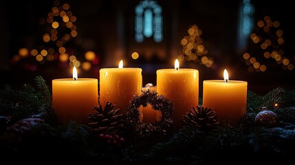 Flickering candles glow in the dark, with church lights in the background, adding a festive touch to Christmas Eve or Chanukah.