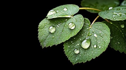 Crisp macro of green leaf with dewdrops, high contrast, focus