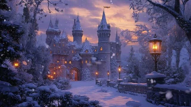 Enchanted Winter Castle at Dusk Seamless Loop Background
