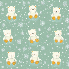  A seamless pattern with adorable teddy bears in a snowy setting, their soft fur and big eyes adding warmth to the cool winter scene.
