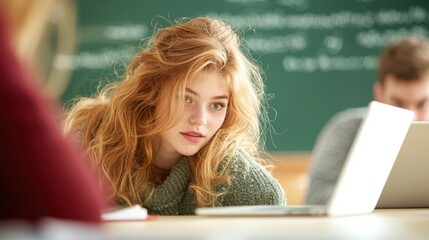 A diverse group of students engaged in a lively discussion in a classroom setting with textbooks, laptops, and a blackboard in the background, highlighting collaborative learning.