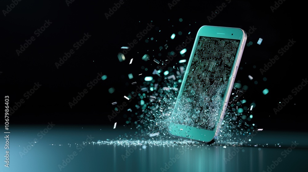 Poster a shattered smartphone screen with binary code fragments spilling out against a black background, sy