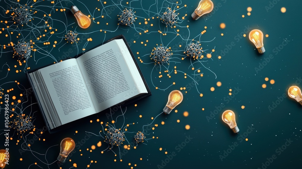 Poster an abstract representation of knowledge with glowing light bulbs, interconnected neurons, and open b