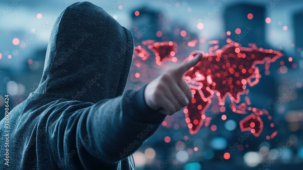 Poster a hooded figure pointing towards a world map projected on a dark screen, with glowing red lines conn