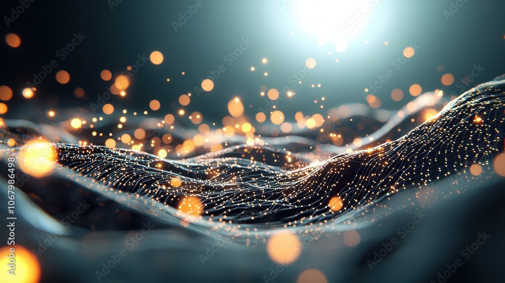 Poster abstract visualization of a digital network with data packets flowing through intricate connections,
