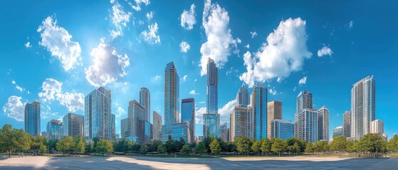 Fototapeta premium Sunny day cityscape with skyscrapers and green trees in the foreground.