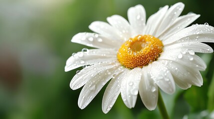 Fototapeta premium Dewdropladen daisy petal closeup, crisp focus, soft lighting
