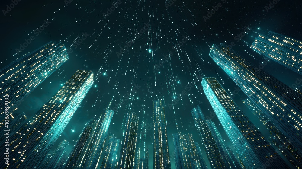 Poster a futuristic cityscape at night with buildings illuminated by streams of binary code, depicting a wo