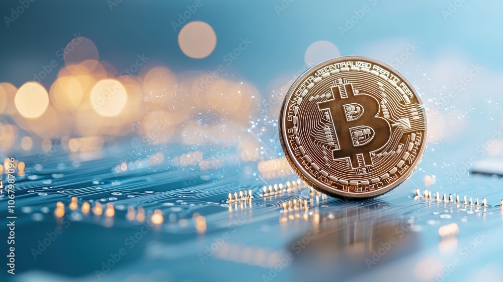 Poster a physical bitcoin coin resting on a circuit board with glowing lines connecting it to other coins, 