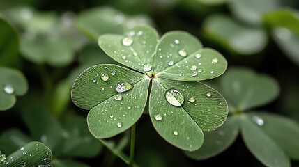 Focused shot of dewdrop on clover leaf, vibrant green, intense clarity