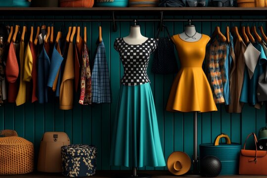 Vintage-style poster of a classic clothing resale shop with mannequins and racks filled with retro fashion