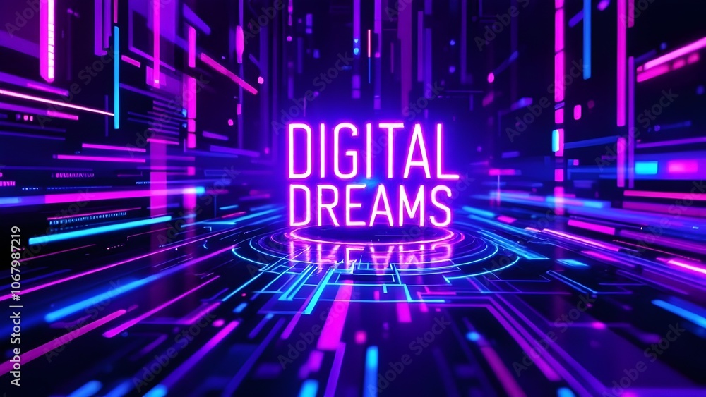 Poster digital dreams neon typography - futuristic 3d render with cyberpunk style grid and dynamic light ef