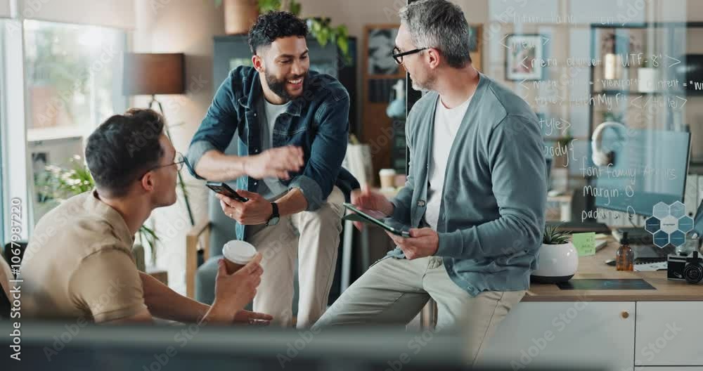 Poster Men, talking and high five with tablet in office for software development, website solution and success. People, discussion and programming with IT celebration, server update and project promotion