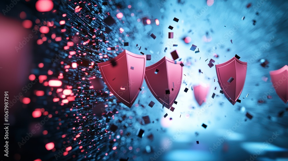Poster an abstract visualization of a cyber battlefield, with data streams clashing and glowing shields def