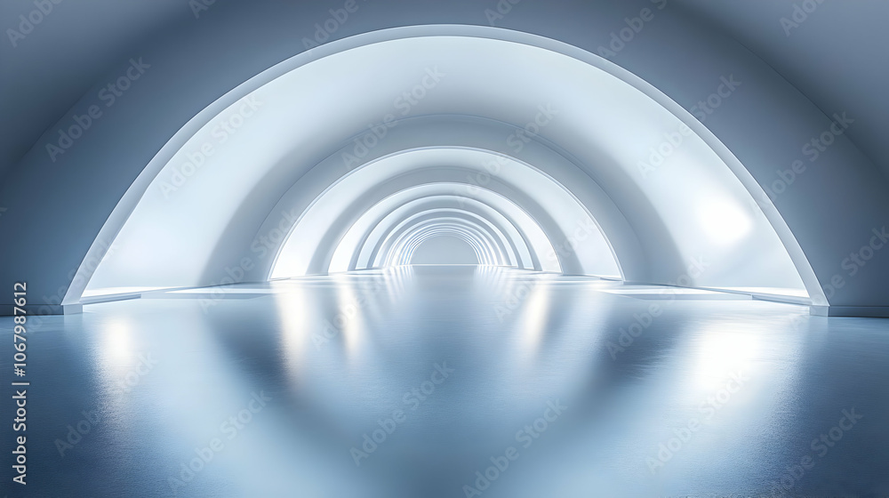 Poster 3d render of an abstract arched corridor with reflective floor