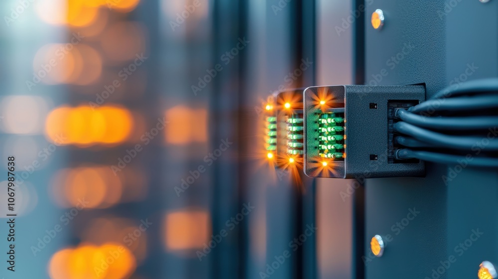 Poster a close up shot of a server room with a firewall device displaying a green status light, indicating 
