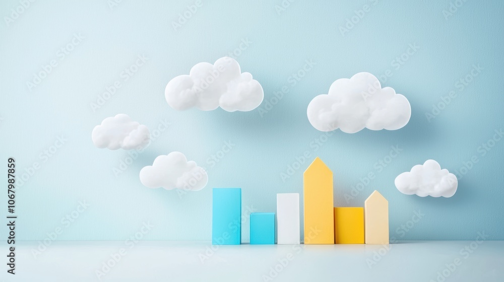 Poster a cityscape skyline with cloud icons floating above it, representing the widespread adoption of clou