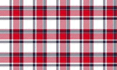 Plaid fabric pattern, red, white, navy, seamless fashionable cross lines pattern for textile and clothing design, skirt, pants, apron, tablecloth, blanket or decoration. Vector illustration.