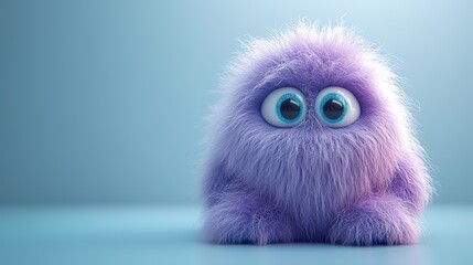 Fluffy purple monster on a light blue background, promoting a cute Halloween theme.