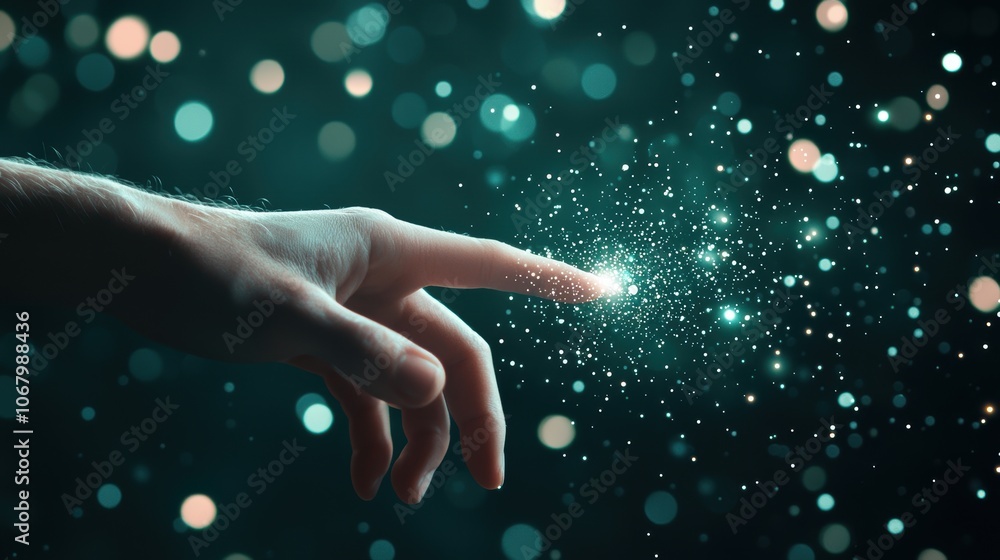 Poster human hand reaching out to touch a glowing network node, symbolizing the human element in managing a
