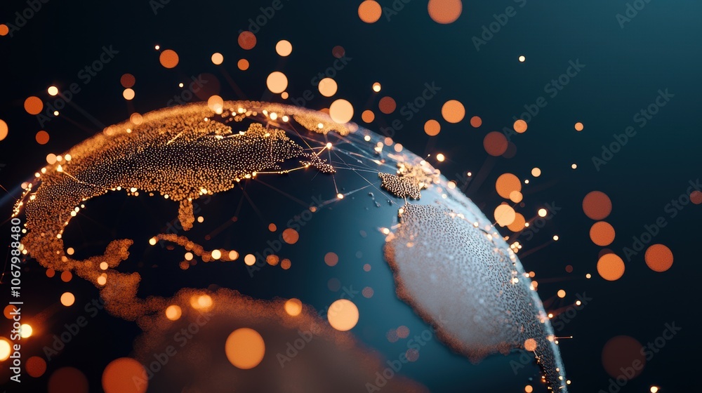 Poster planet earth glowing with interconnected lines and data points, representing global communication, i