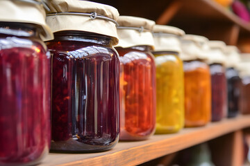 Colorful jars of homemade jams, jellies, and preserves lined up on a rustic shelf, showcasing vibrant shades of red, orange, yellow, and purple, ideal for home canning inspiration