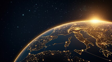 Obraz premium Silhouette of the Earth with glowing lines connecting continents and major cities, highlighting global connectivity and the interconnectedness of the modern world.