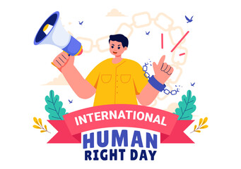 International Human Rights Day Vector Illustration on December 10 Featuring Diverse People Breaking Chains for Unity, Freedom, and Peace in Background
