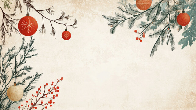 Festive holiday decorations featuring red ornaments and pine branches on a textured background