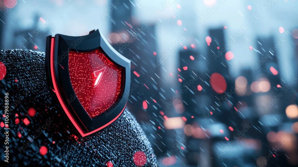 Poster futuristic cityscape with glowing barriers and security shields protecting data centers and critical