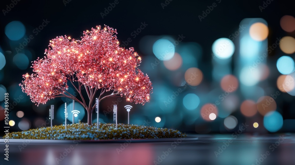 Poster cityscape with glowing 5g network towers and devices seamlessly connected, representing the transfor