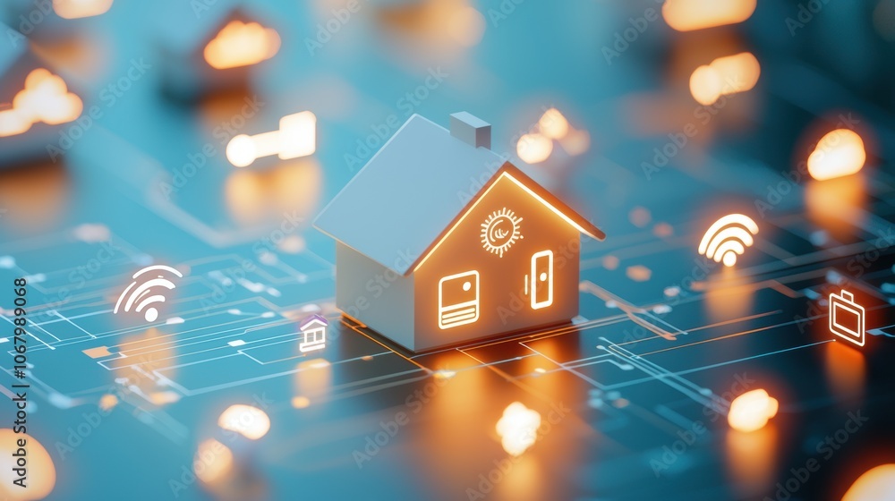 Poster close up shot of a smart home control panel with glowing icons representing connected appliances, il