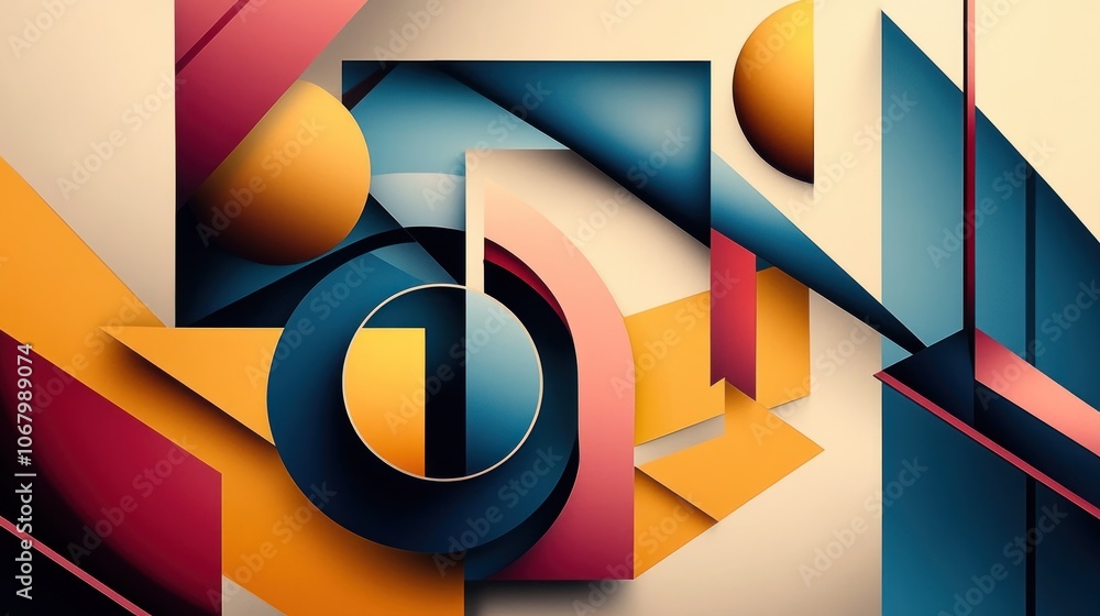 Poster abstract geometric shapes in a vibrant color palette, with a mixture of rounded and angular forms, c