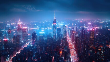 Obraz premium Cityscape on dark blue background with bright glowing neon. Technology city background