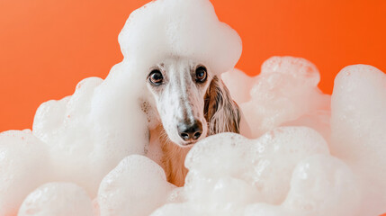 A cute afghan hound dog in bath with soap foam on glossy orange refreshing fashion background. adorable pet portrait shampoo pet grooming salon spa wallpaper