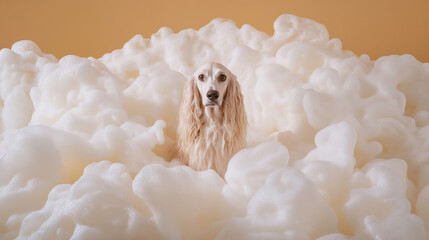 A cute afghan hound dog in bath with soap foam on glossy beige white refreshing fashion background. adorable pet portrait shampoo pet grooming salon spa wallpaper