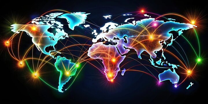 A vibrant map of the world illuminated by glowing lines, symbolizing interconnectedness and the flow of information across continents.