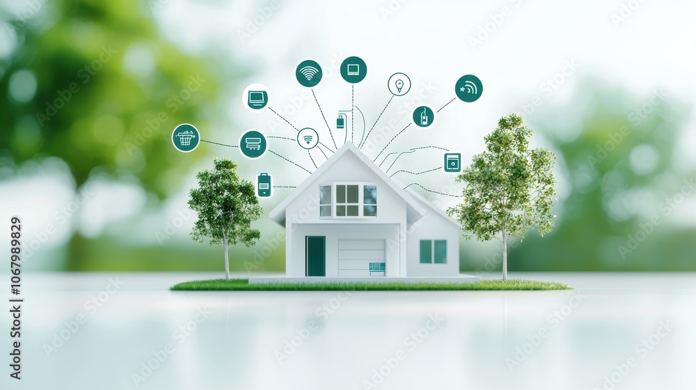 Poster a network diagram representing the interconnected devices within a smart home system, with icons rep