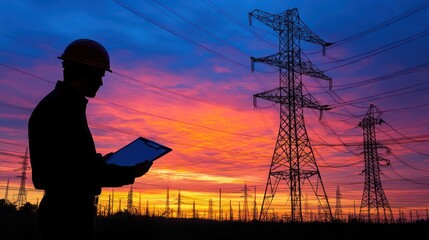 Electrical engineer working with high voltage electricity pylon with clipboard at sunset background
