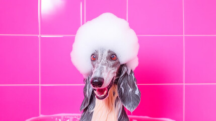 A cute afghan hound dog in bath with soap foam on glossy pink tile fashion background. adorable pet portrait shampoo pet grooming salon spa wallpaper