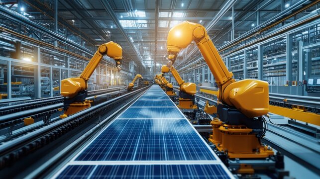 Large Production Line with White Industrial Robot Arms at Modern Bright Factory. Solar Panels are being Assembled on Conveyor. Automated Manufacturing Facility