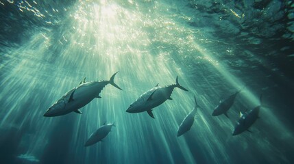 Fototapeta premium Underwater Scene with Swimming Fish in Sunlight