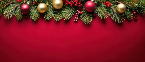 Elegant Christmas border featuring red and gold ornaments, pine cones, and greenery on a vibrant red background. Perfect for holiday themes and seasonal designs.