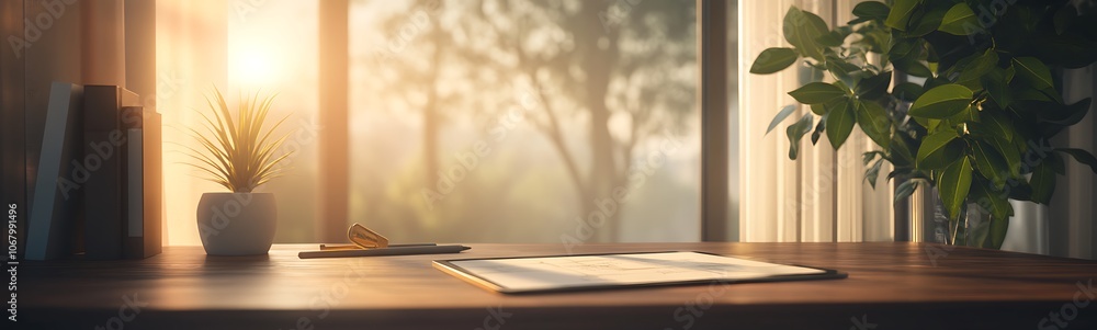 Aufkleber a peaceful workspace bathed in warm sunlight, featuring a plant, notebook, and a view of trees throu