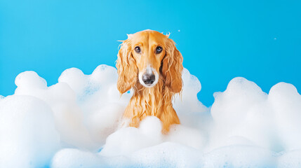 A cute afghan hound dog in bath with soap foam on glossy blue refreshing fashion background. adorable pet portrait shampoo pet grooming salon spa shimmering wallpaper