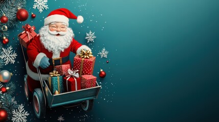 Santa Claus pushing a hand truck and delivering Christmas gifts, banner with copy space