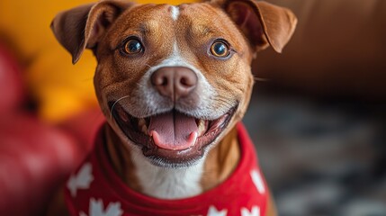 Funny dog in a T-shirt with a maple leaf, celebrating Canada Day with a playful national holiday theme.