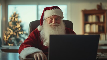 Santa Claus responds to letter of wishes on a computer. Front view of Santa Claus office